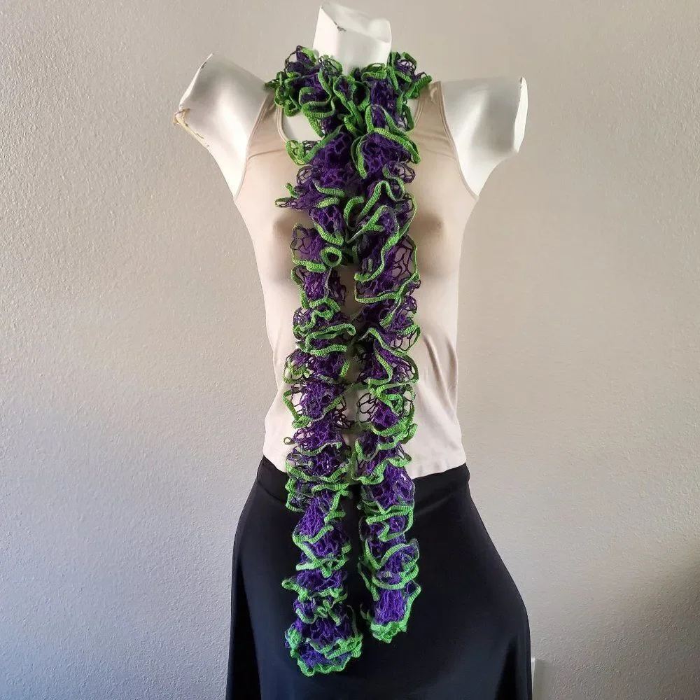 BOGO Scarf Sale - Hand Crafted crochet purple and green ruffle scarf